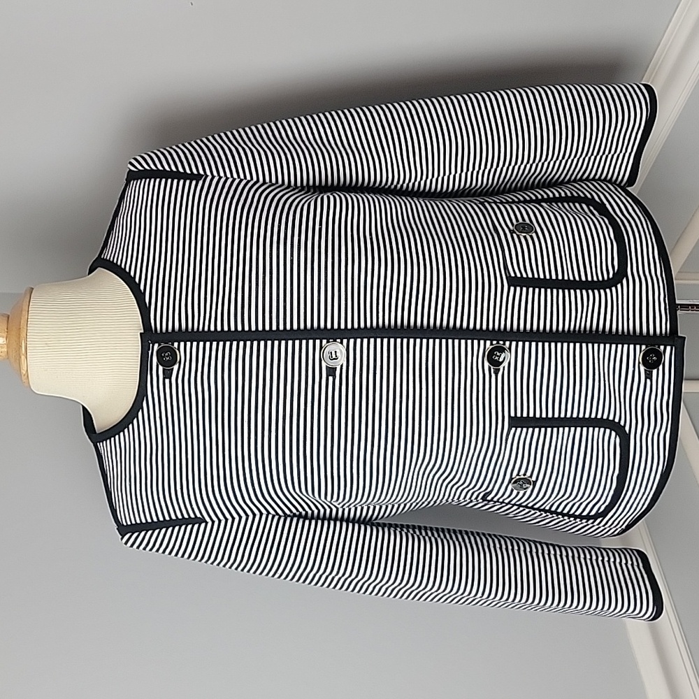 TALBOTS Black White Striped Collarless Office Casual Lady Jacket Preppy Blazer 6